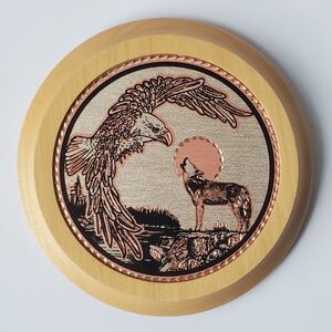 Copper Reflections Eagle & Wolf Etched Copper & Silver Art Piece on Wood EUC